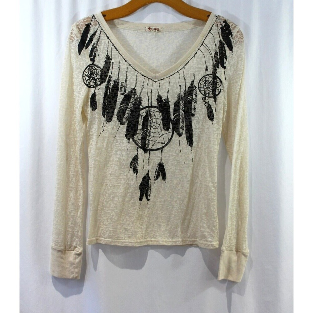 Bootheel Trading Co Cream Sheer Burnout Long Sleeve Graphic Top M